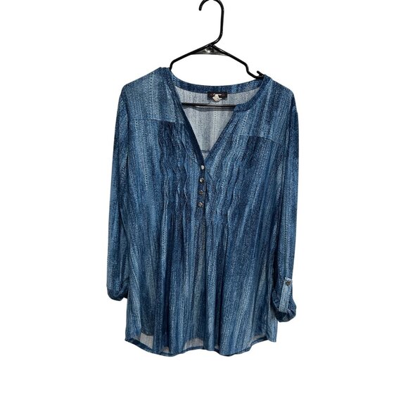 Cocomo Pleated Top Blue Sz XL Roll Tab Sleeve Abstract Pintuck Office Wear - Picture 1 of 8